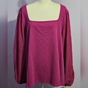 AVA & VIV Magenta 3X Square Neck‎ Blouse with Long Sleeves